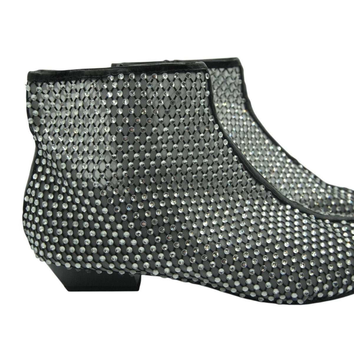 Rebecca Minkoff black crystal mesh ankle boots with 40mm heels, size 8M, featuring a stylish and elegant design.