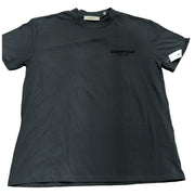 Black Essentials Fear of God logo T-shirt for men, size M, shown flat with visible branding and fabric details.