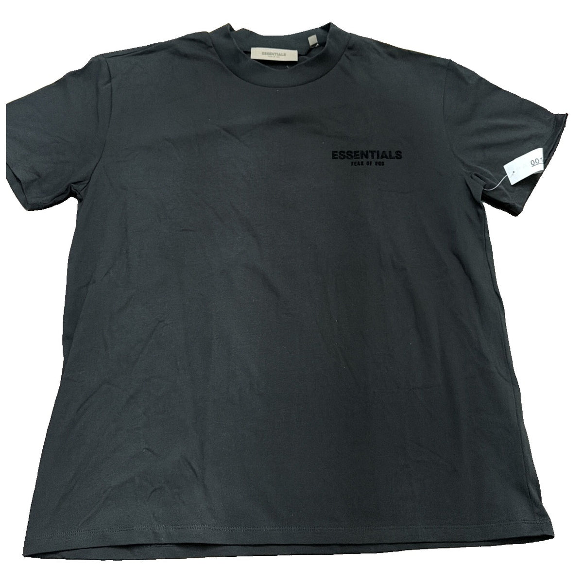 Black Essentials Fear of God logo T-shirt for men, size M, shown flat with visible branding and fabric details.