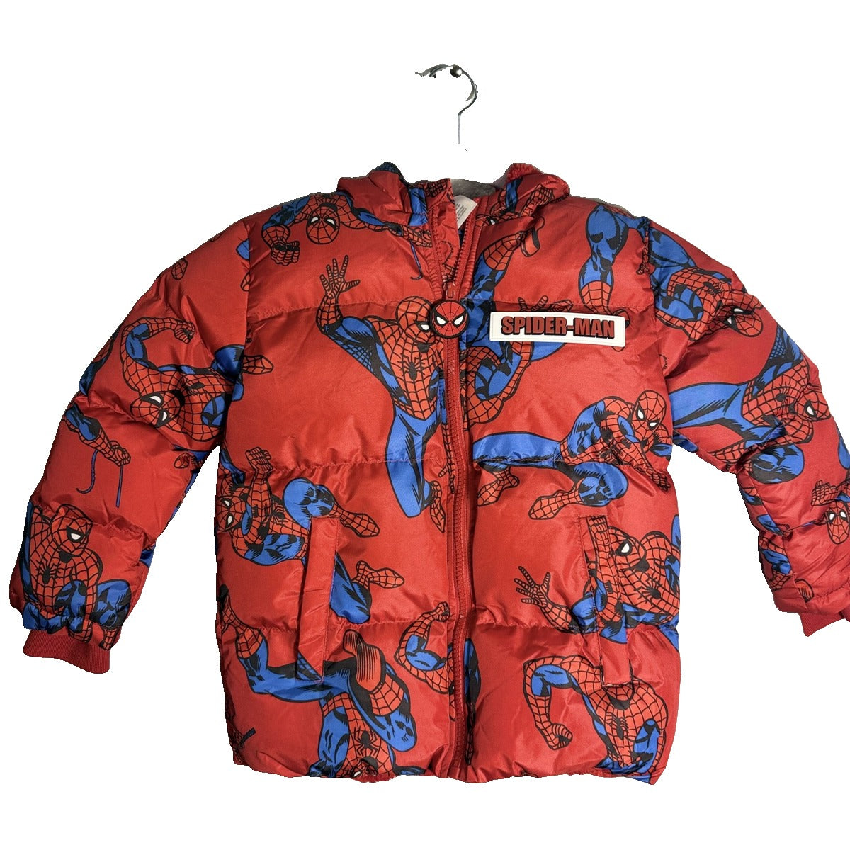 Marvel Spider-Man hooded puffer jacket for boys, red with sherpa lining, size 6/7, featuring Spider-Man graphic design.