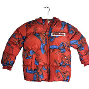 Marvel Spider-Man hooded puffer jacket for boys, red with sherpa lining, size 6/7, featuring Spider-Man graphic design.