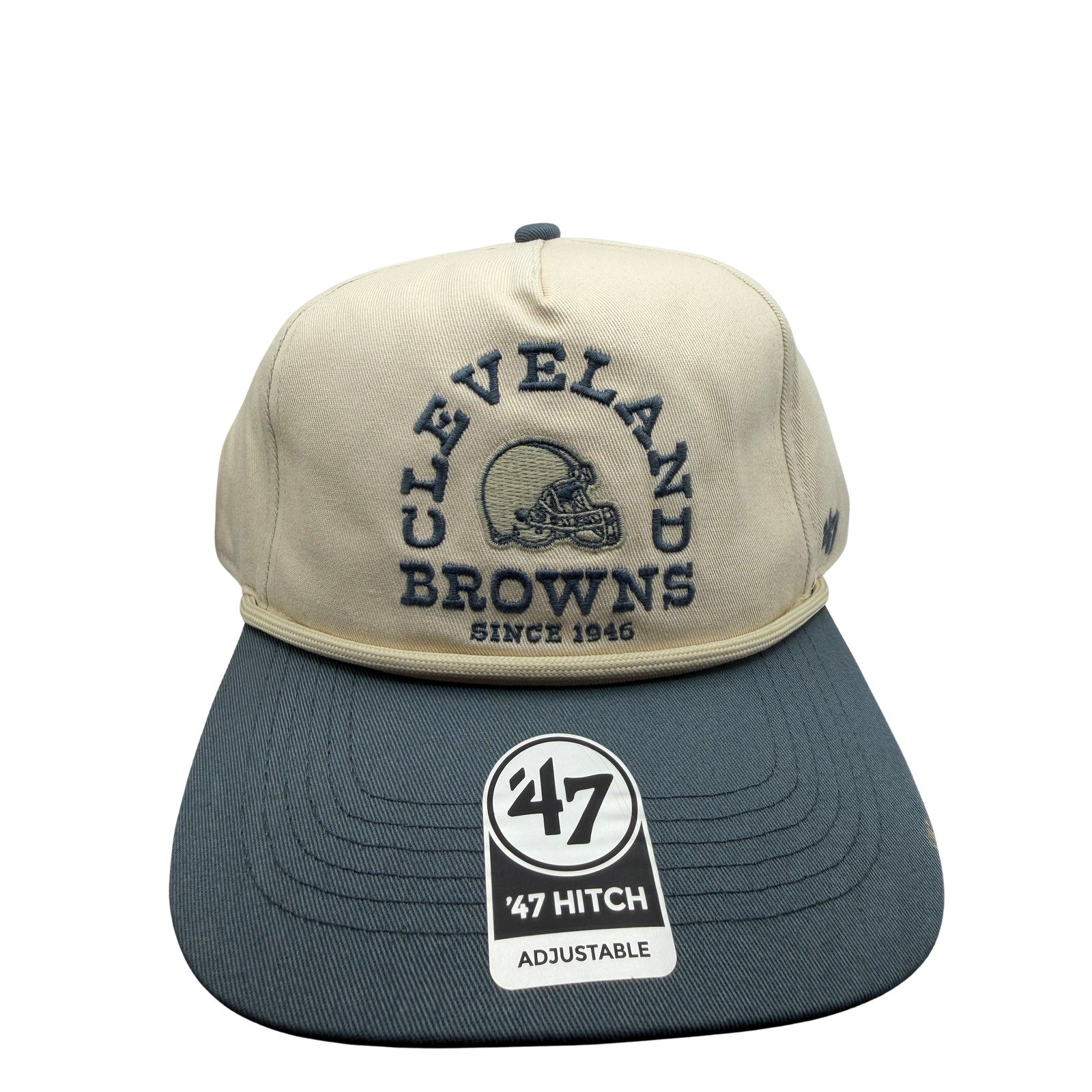 Cream and gray Cleveland Browns NFL ’47 hitch adjustable snapback hat with embroidered team logo and structured front panel.