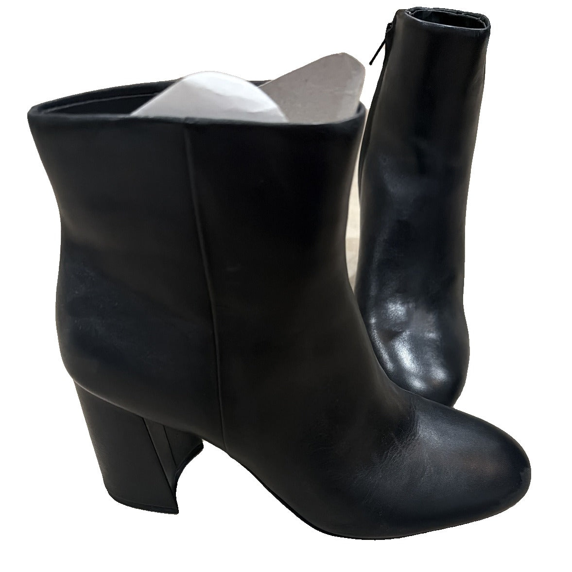 Black leather women's ankle boots with block heels, side zipper, round toe, in size 9M, displayed on a neutral background.
