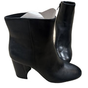 Black leather women's ankle boots with block heels, side zipper, round toe, in size 9M, displayed on a neutral background.