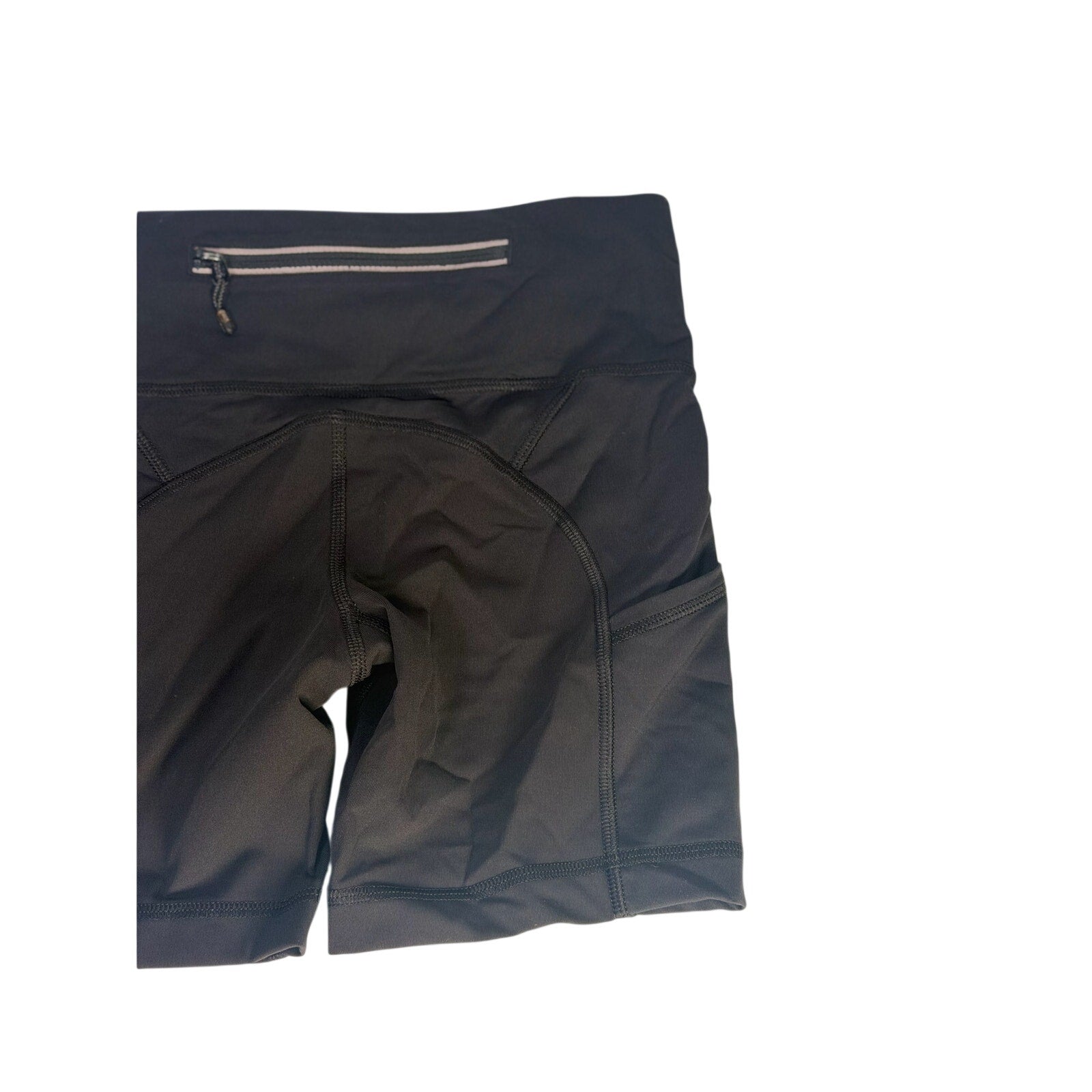 Black Lululemon women’s high-rise biker shorts with pockets, size 2, shown flat with focus on fit and pocket details.