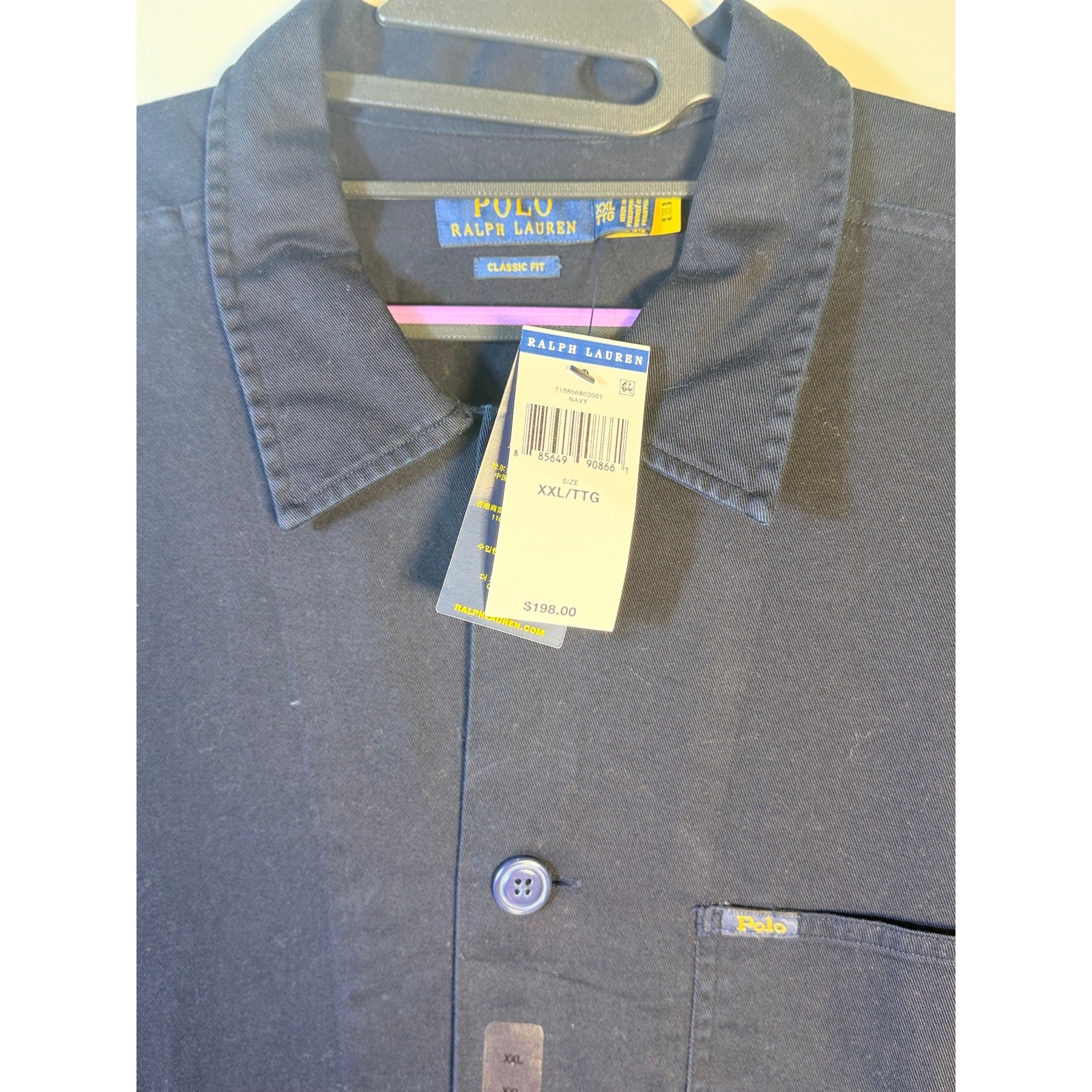 Polo Ralph Lauren men's navy classic fit chore jacket with button front, shown in size XXL, casual outerwear for men.