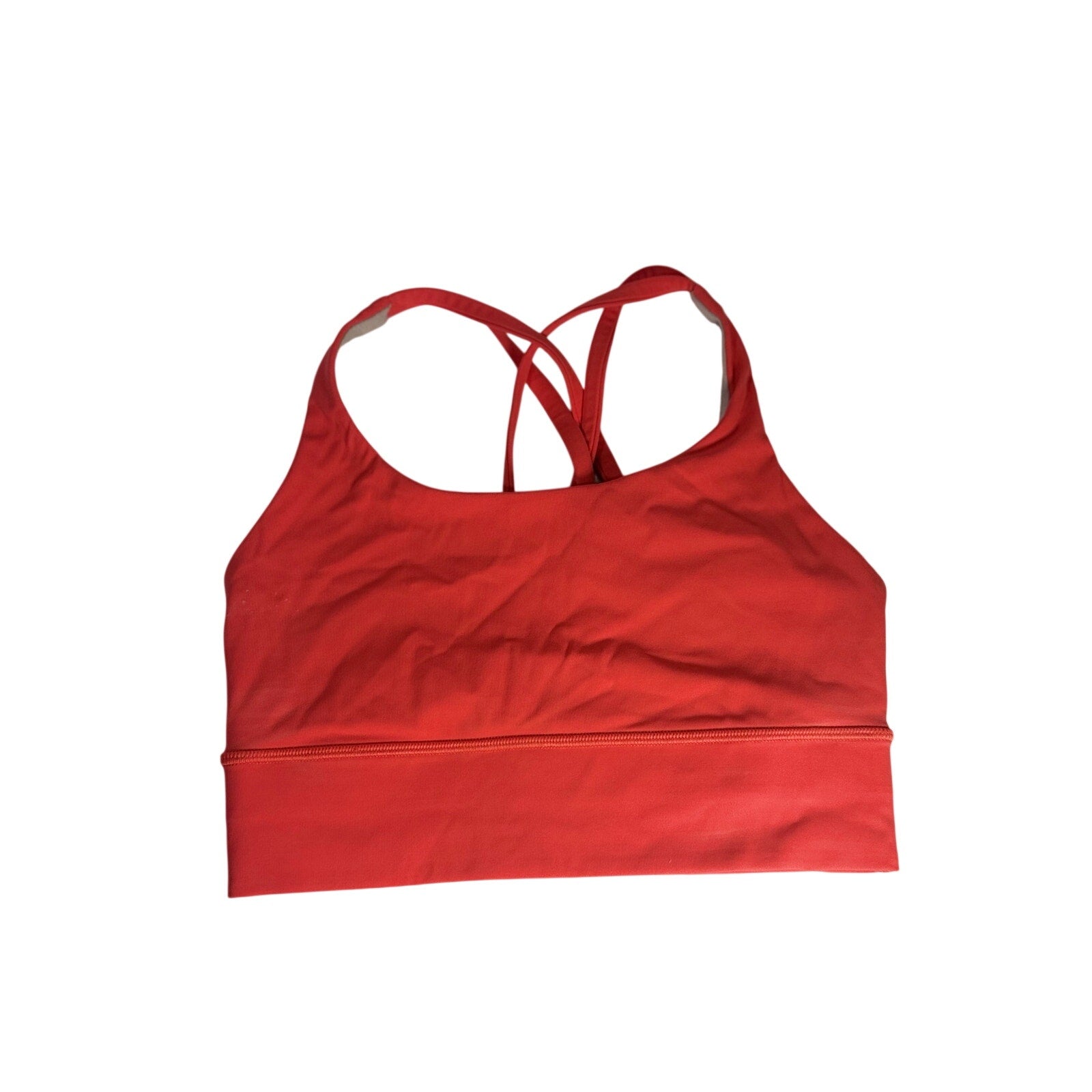 Lululemon women's coral red strappy longline sports bra with supportive design and size 4, shown on a mannequin.