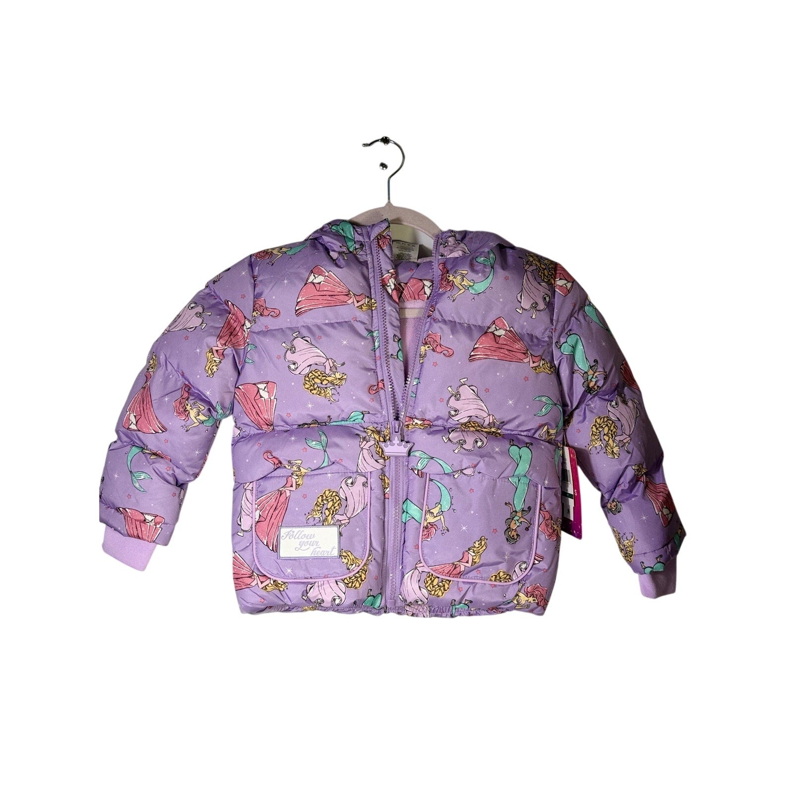 Disney Princess girls' purple hooded puffer jacket for size 5T, featuring a cozy, insulated design with character details.