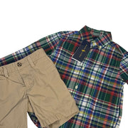 Ralph Lauren boys plaid shirt and khaki chino shorts outfit set, size 2T, featuring a classic collared shirt and comfortable shorts.