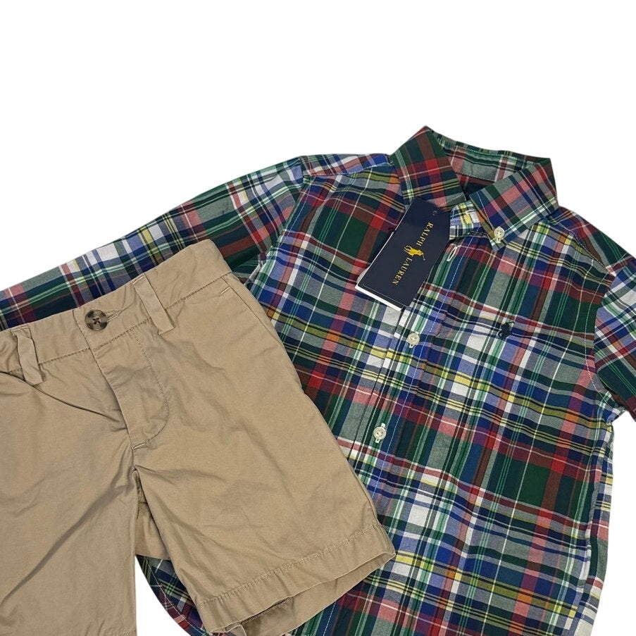 Ralph Lauren boys plaid shirt and khaki chino shorts outfit set, size 2T, featuring a classic collared shirt and comfortable shorts.