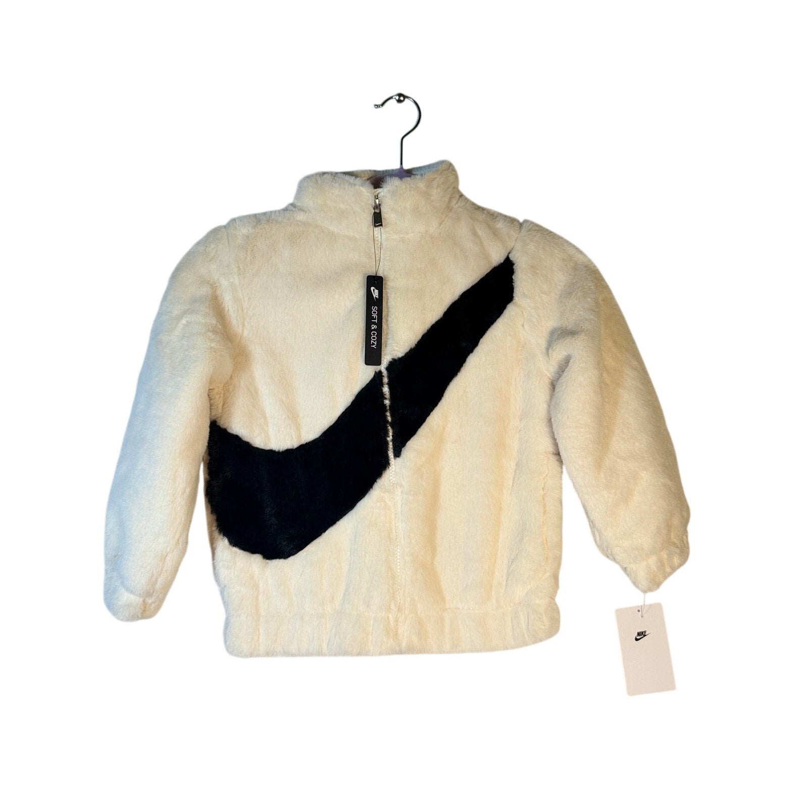 Nike girls' white faux fur Swoosh jacket, size 6, full zip, stylish and cozy for winter wear.