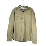 O’Neill men's olive green utility overshirt in size medium, showing front view with button closures and chest pockets.