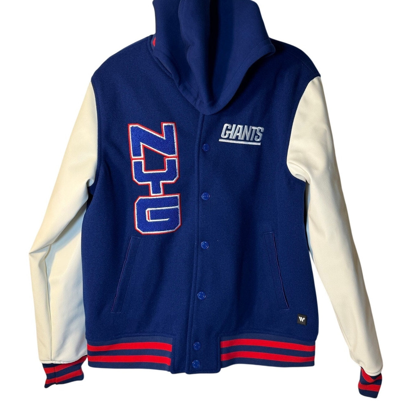 Men’s New York Giants NFL varsity jacket with team logo and letterman style design, medium size, featuring striped cuffs and collar.