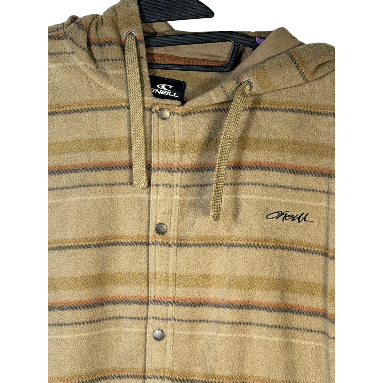 O’Neill Men’s Canyon Hooded Superfleece Shirt Jacket in beige, showing the front view with hood and fleece texture, size XL.