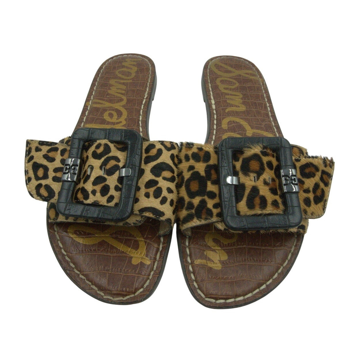 Sam Edelman Gaige flat sandals in cheetah print haircalf, women’s size 8.5, featuring open toe and slip-on style.