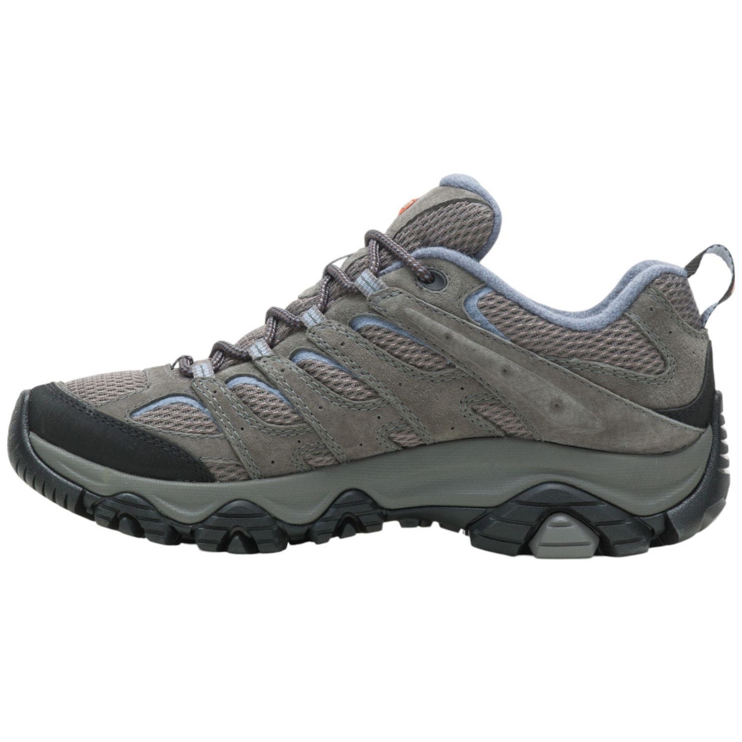 Merrell Moab 3 women's hiking sneakers in blue, gray, and black, size 8, with breathable mesh and rugged outsole.