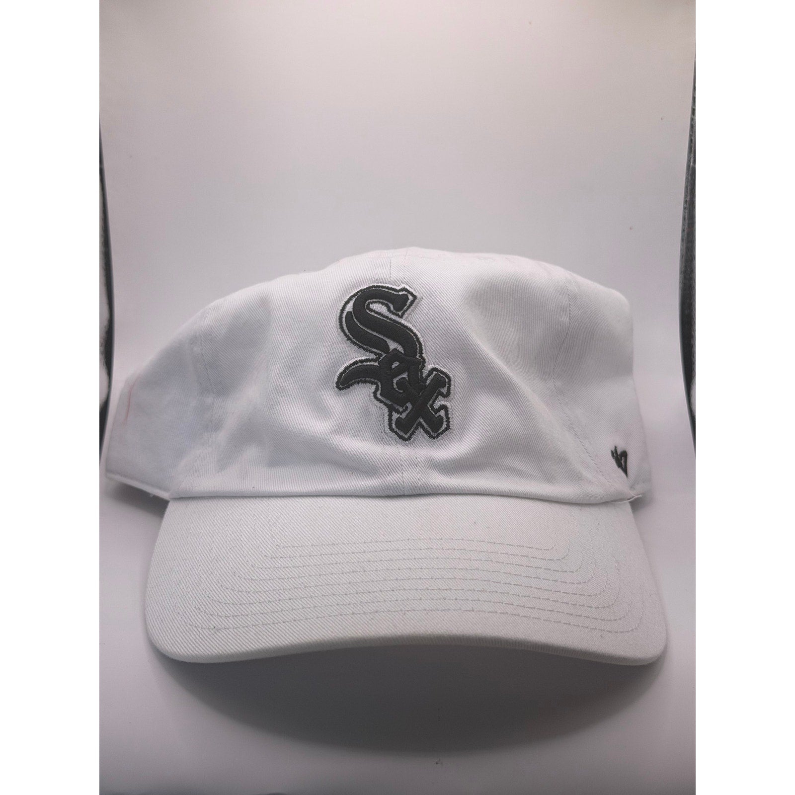 White Chicago White Sox MLB ’47 adjustable strapback hat cap with team logo, one size fits most, white color, front view.