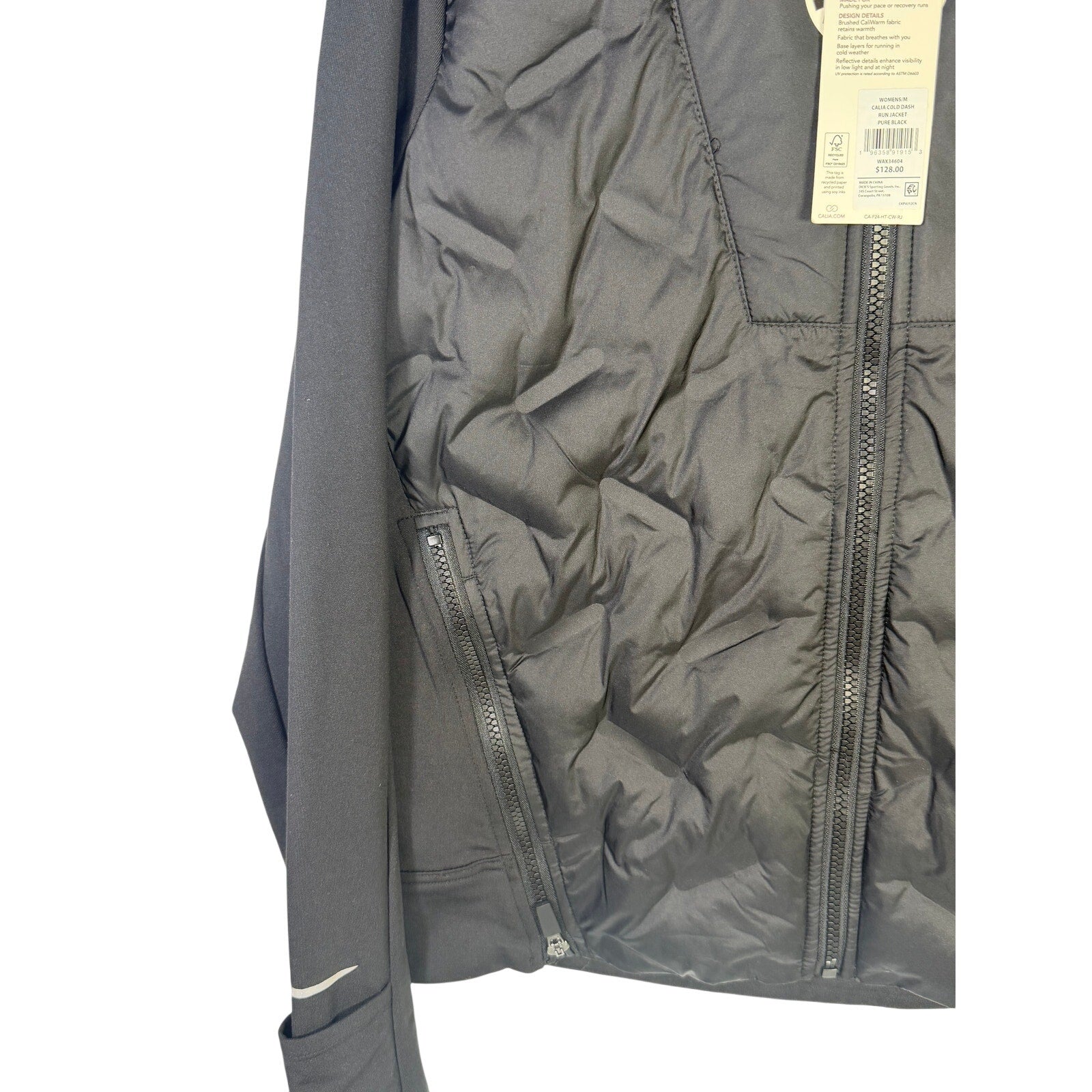 CALIA women's Cold Dash Run Jacket in pure black, size medium, featuring a quilted hybrid design for active wear.