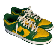 Nike Dunk Low Brazil sneakers in green and yellow leather, men's size US 11, showcasing a stylish athletic footwear design.