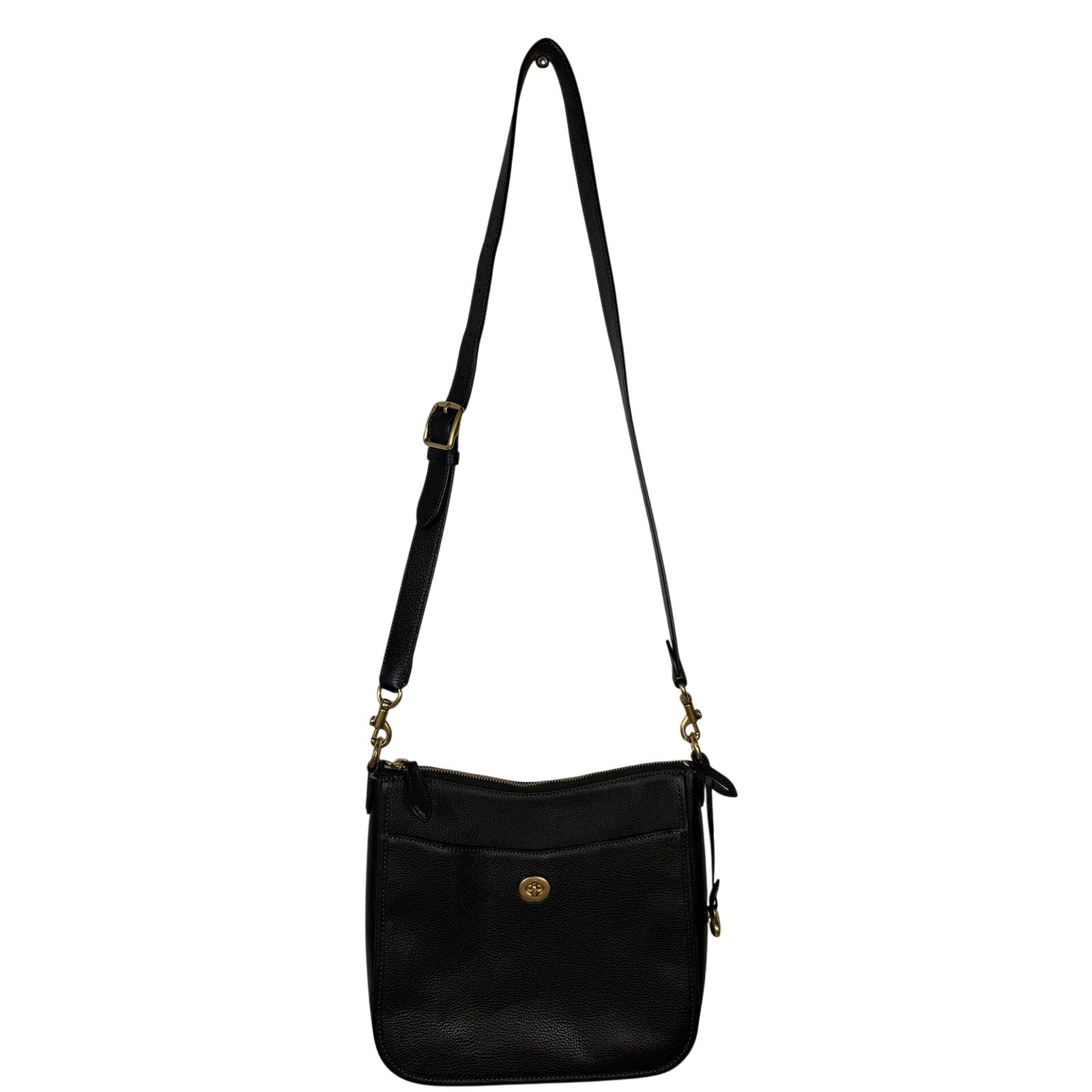 Black pebbled leather Coach women's crossbody handbag with gold-tone hardware and adjustable shoulder strap.