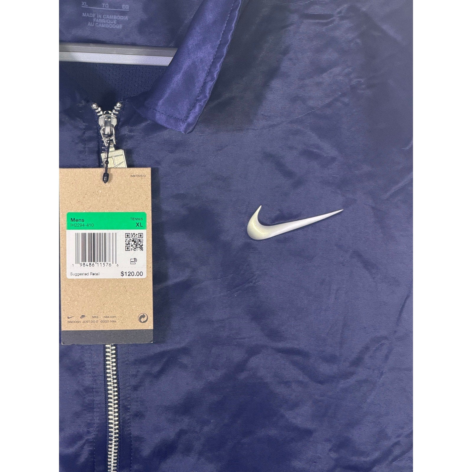 Nike men's navy blue full-zip running jacket in size XL, lightweight and new with visible front zipper and Nike logo.
