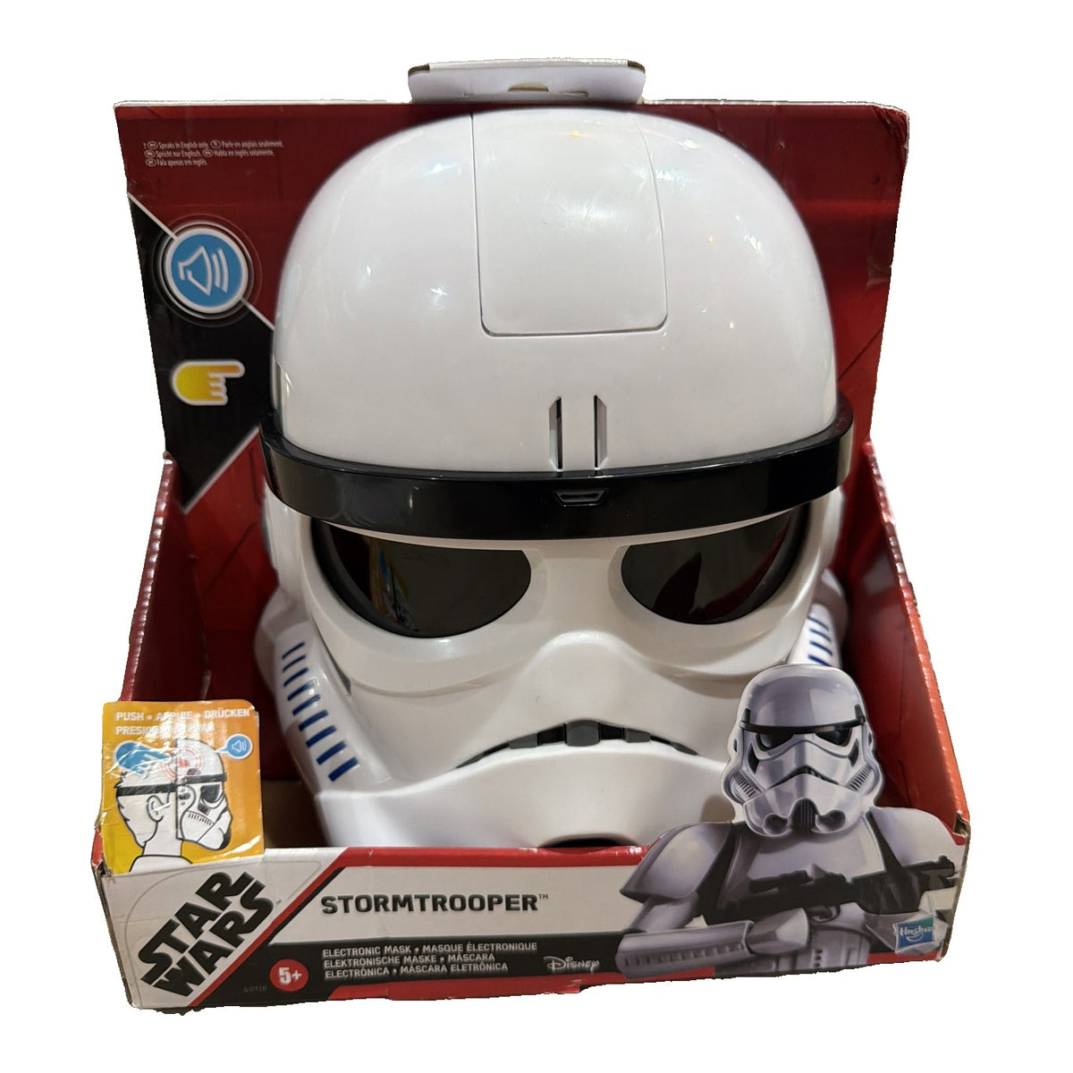 Hasbro Star Wars Stormtrooper electronic toy mask with sound effects and phrases, designed for ages 5 and up, new in box.