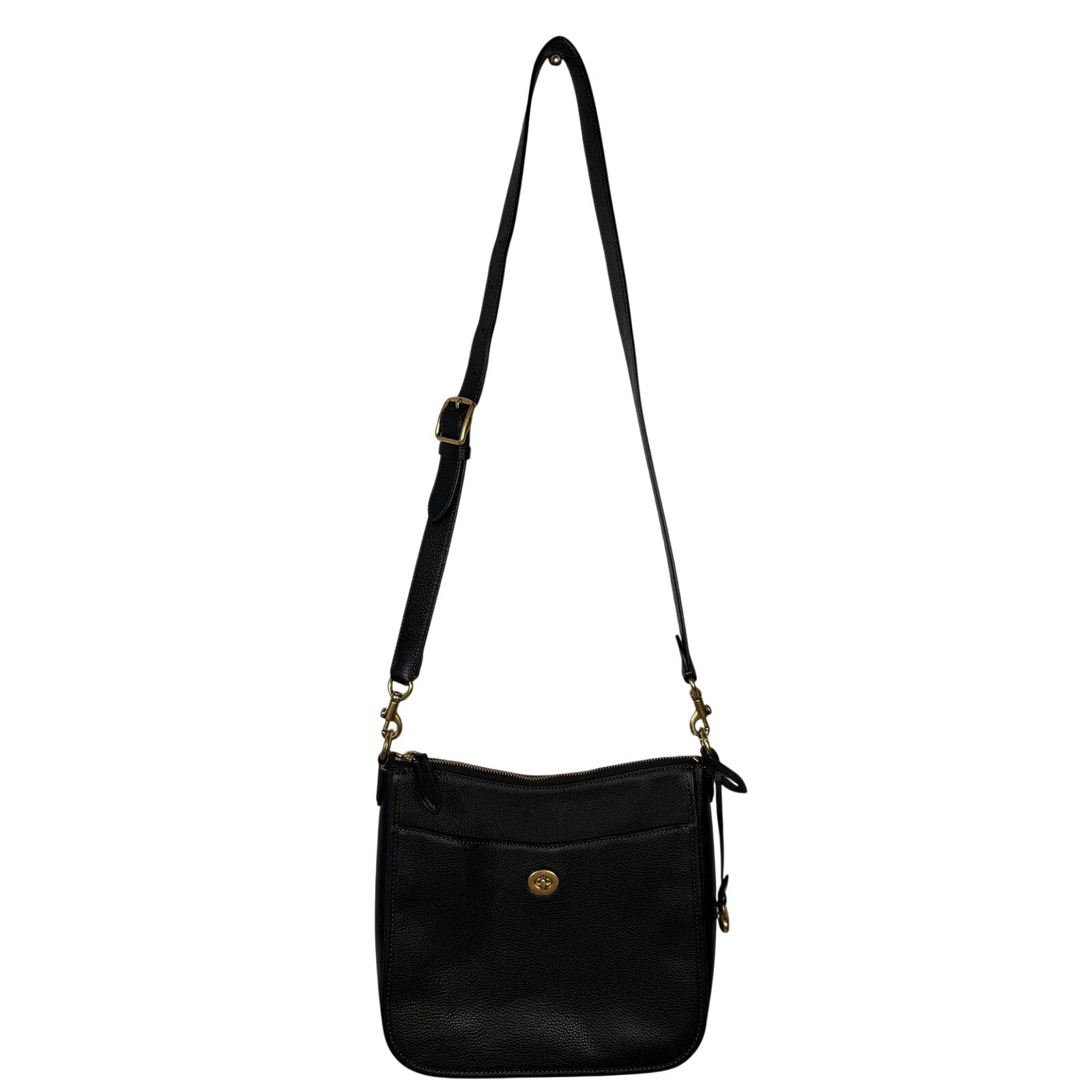 Coach women's black pebbled leather crossbody handbag with gold-tone hardware, featuring adjustable shoulder strap and sleek design.