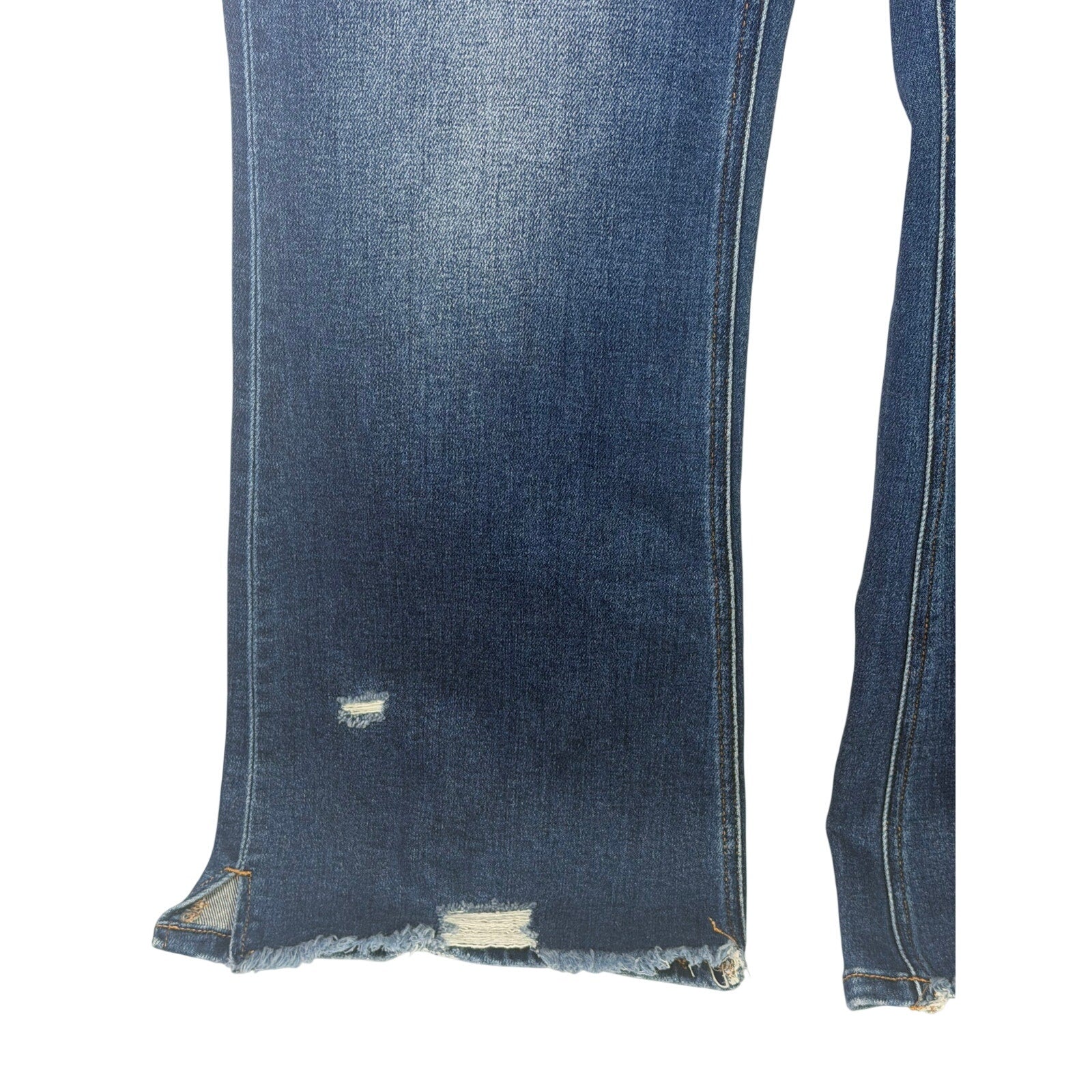 Risen Women’s size 13/31 dark wash distressed flare jeans with frayed hems and worn details, front view, full length.