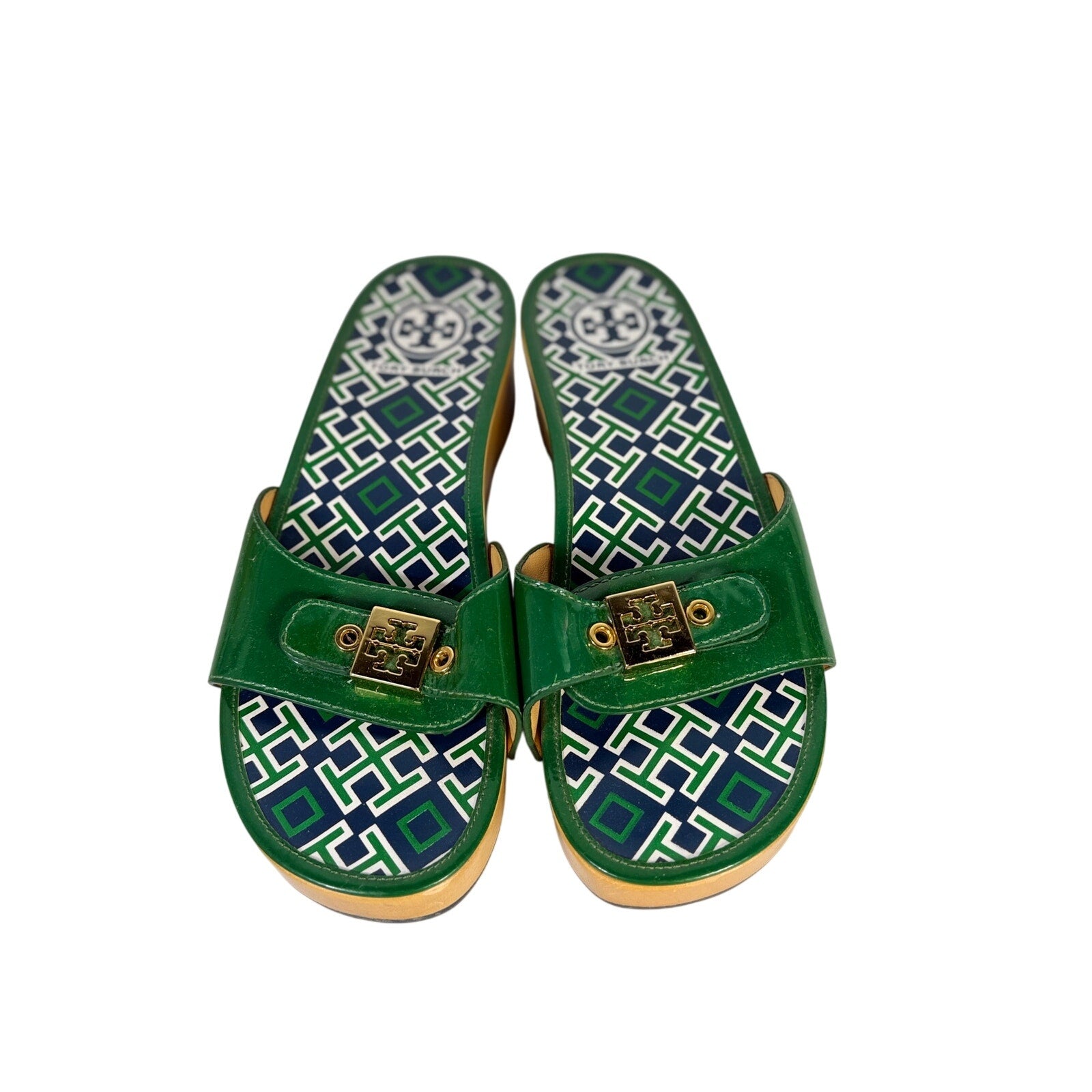 Tory Burch green patent leather slide sandals for women, size 8.5, with sleek design and open toe, made in Brazil.
