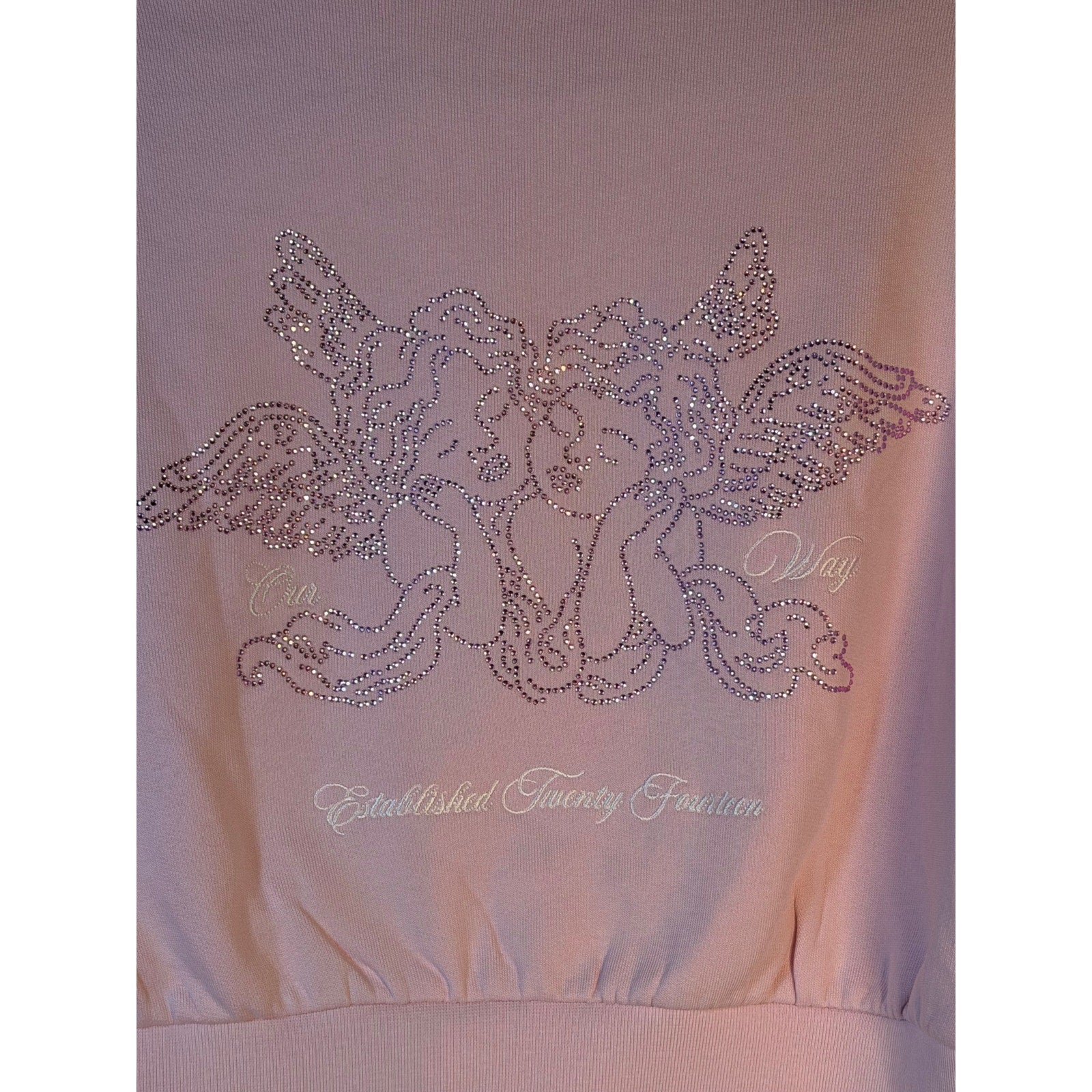 Pink Hoodrich cropped sweatshirt with rhinestone logo and crewneck, women's small size, casual pullover with stylish detailing.