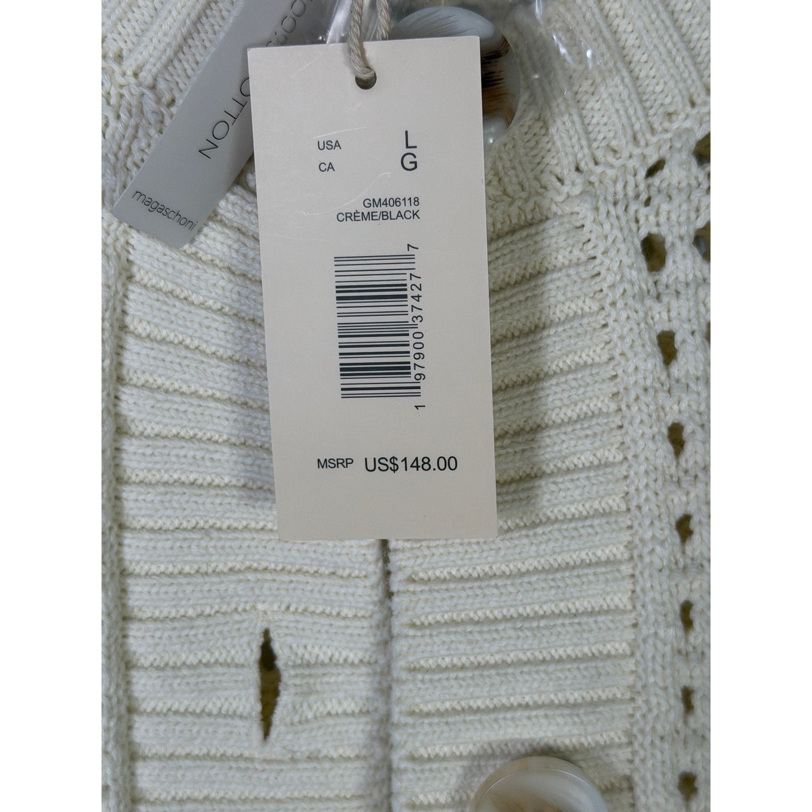 Magaschoni women's cream open-knit button cardigan sweater, size large, displayed on a neutral background.