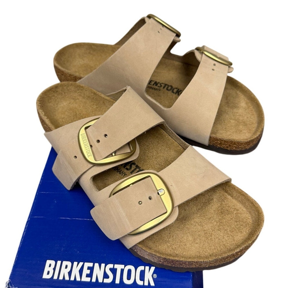 Birkenstock Arizona Soft Footbed Nubuck Leather Sandals for women, showing tan sandals with adjustable straps and cork footbed.