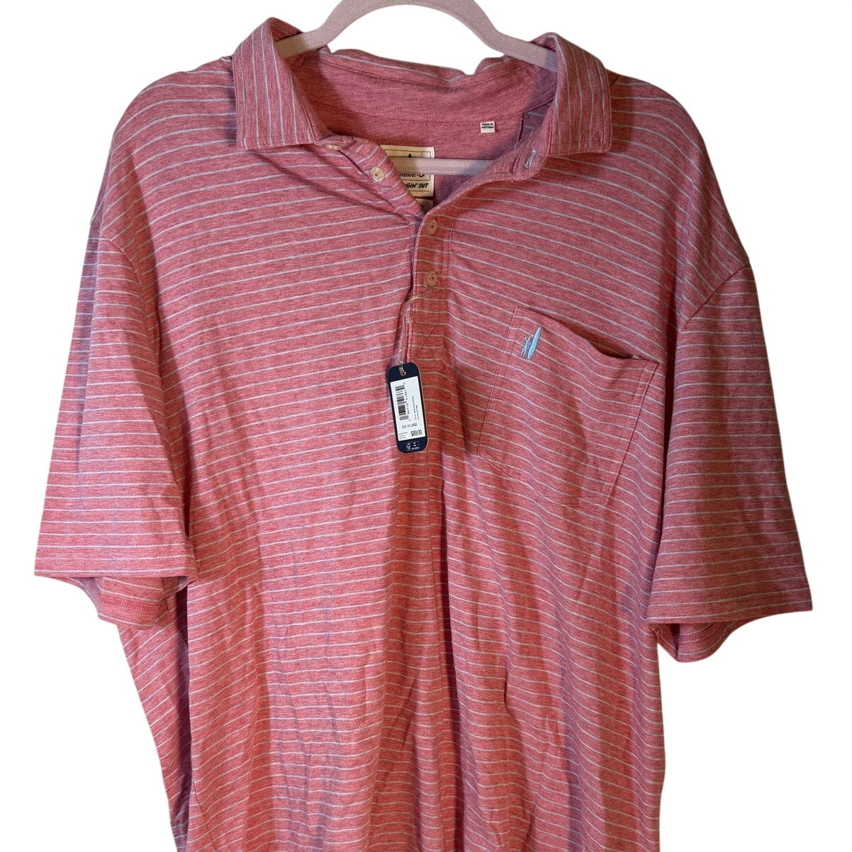 Johnnie-O men's pink and white striped polo shirt with pocket, size XXL, new with tags, casual men's fashion.