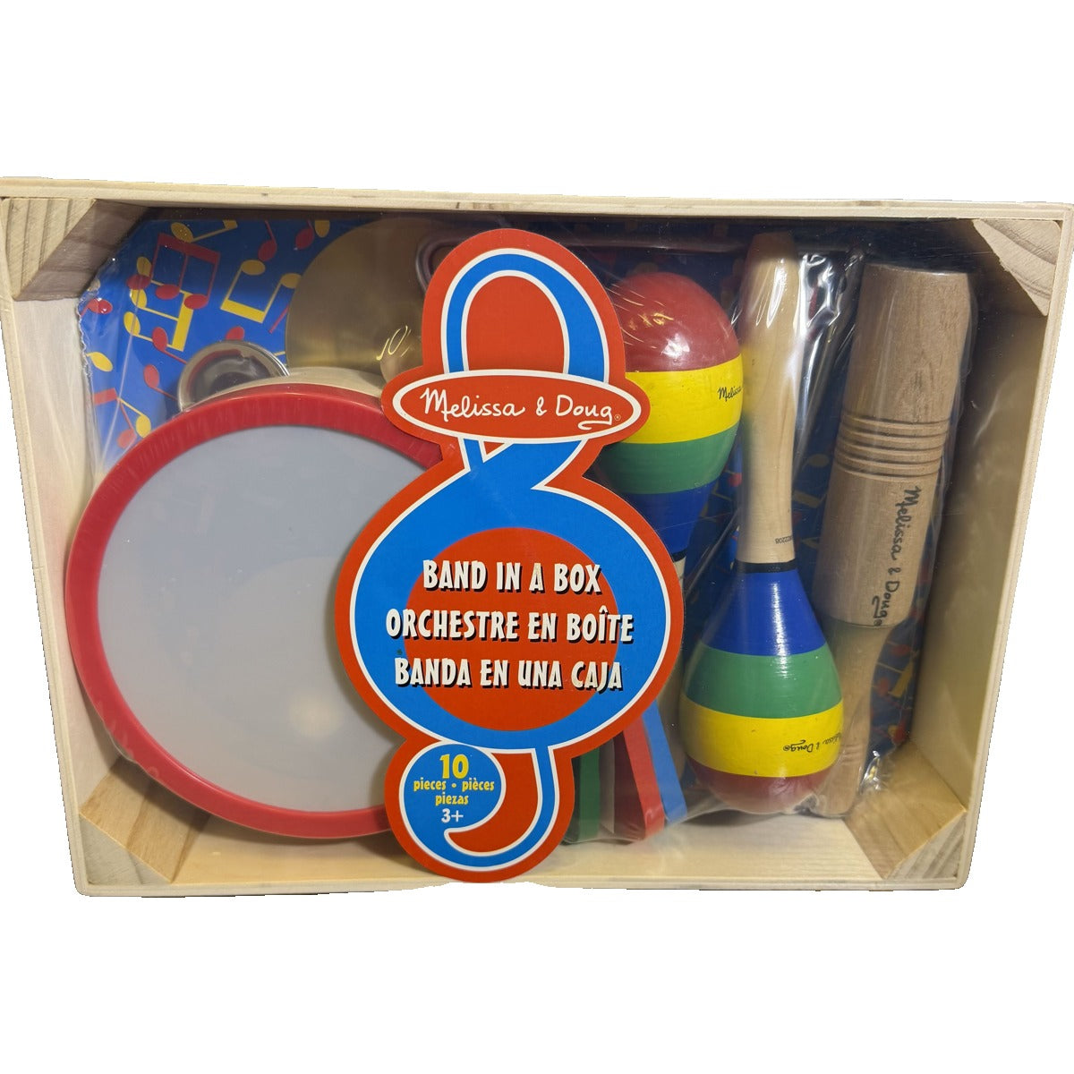 Melissa & Doug Band in a Box 10-piece wooden musical instrument set with tambourine, maracas, and cymbals for kids.