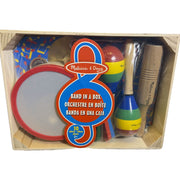 Melissa & Doug Band in a Box 10-piece wooden musical instrument set with tambourine, maracas, and cymbals for kids.