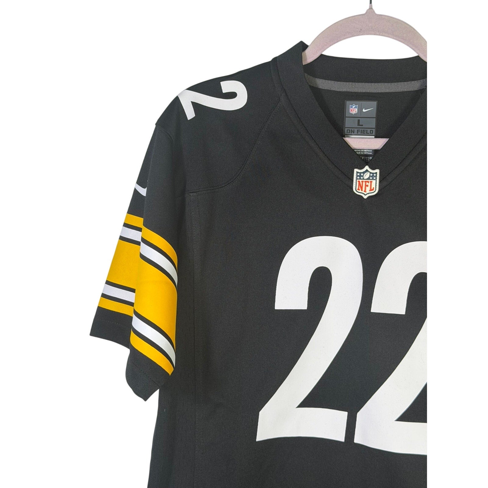 Nike Pittsburgh Steelers #22 youth NFL game jersey in black, size large (14/16), featuring team logo and player number.