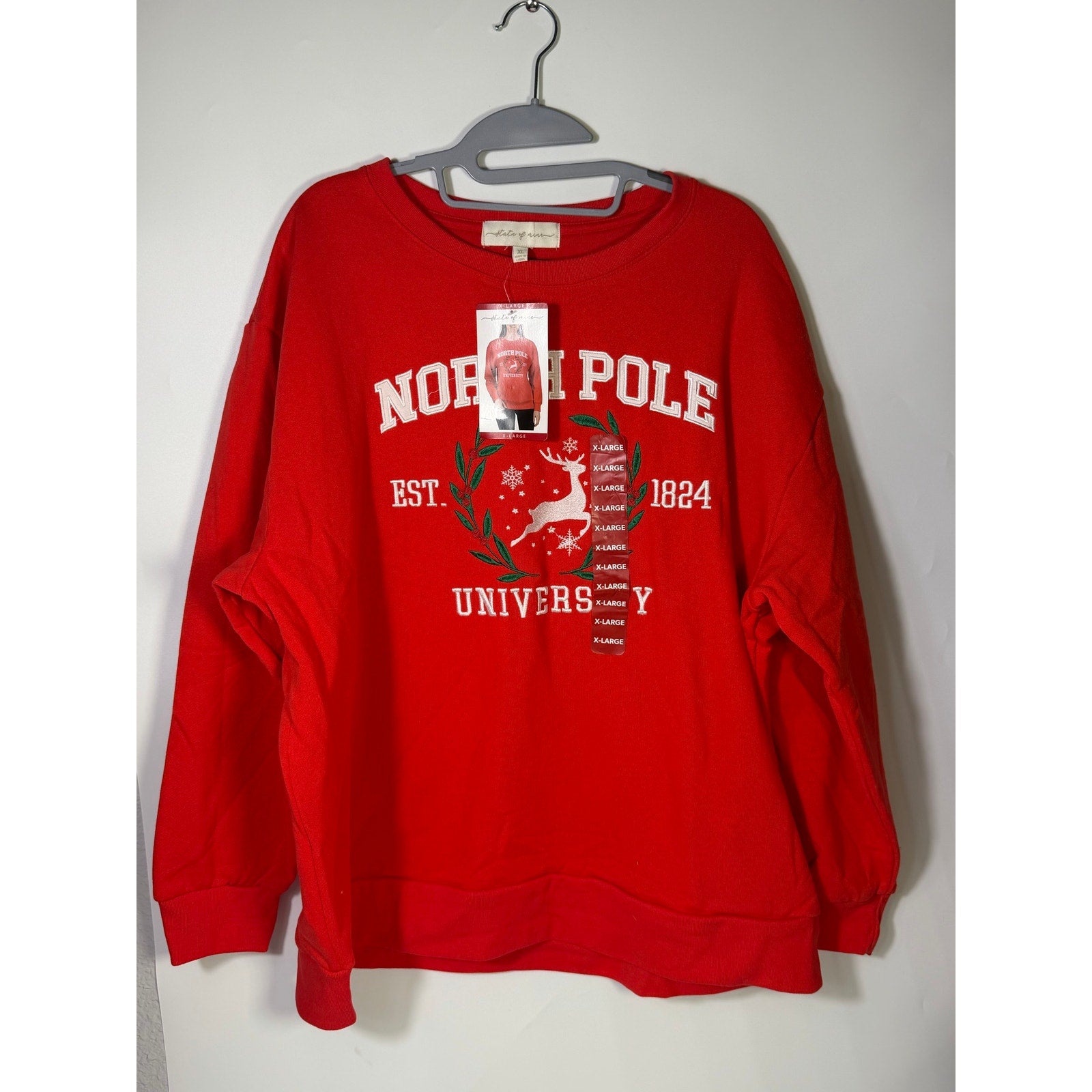 State of Mine North Pole University Christmas sweatshirt for women, XL size, featuring festive holiday design and cozy fabric.
