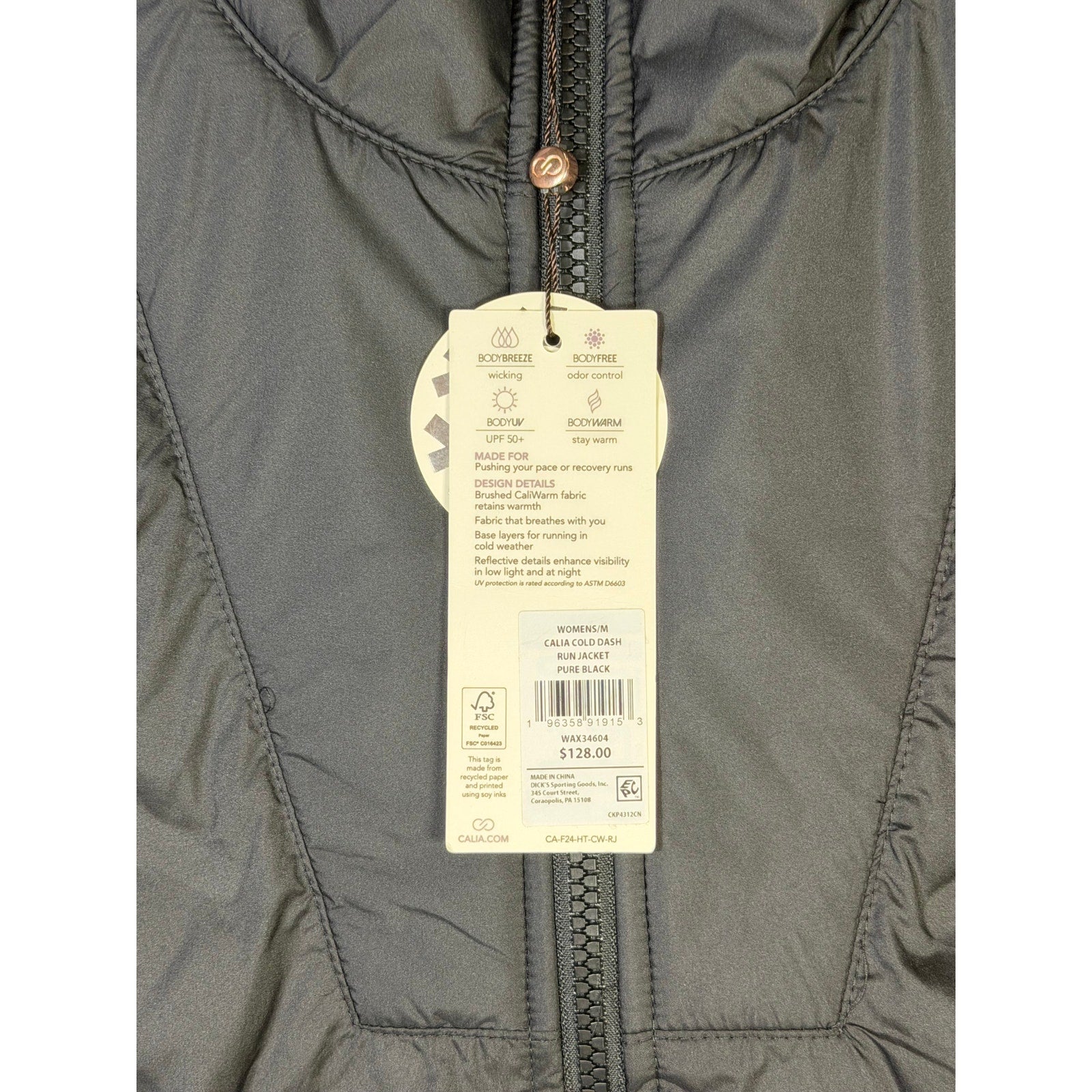 CALIA women's Cold Dash Run jacket in pure black, size medium, featuring a hybrid quilted design and lightweight construction.