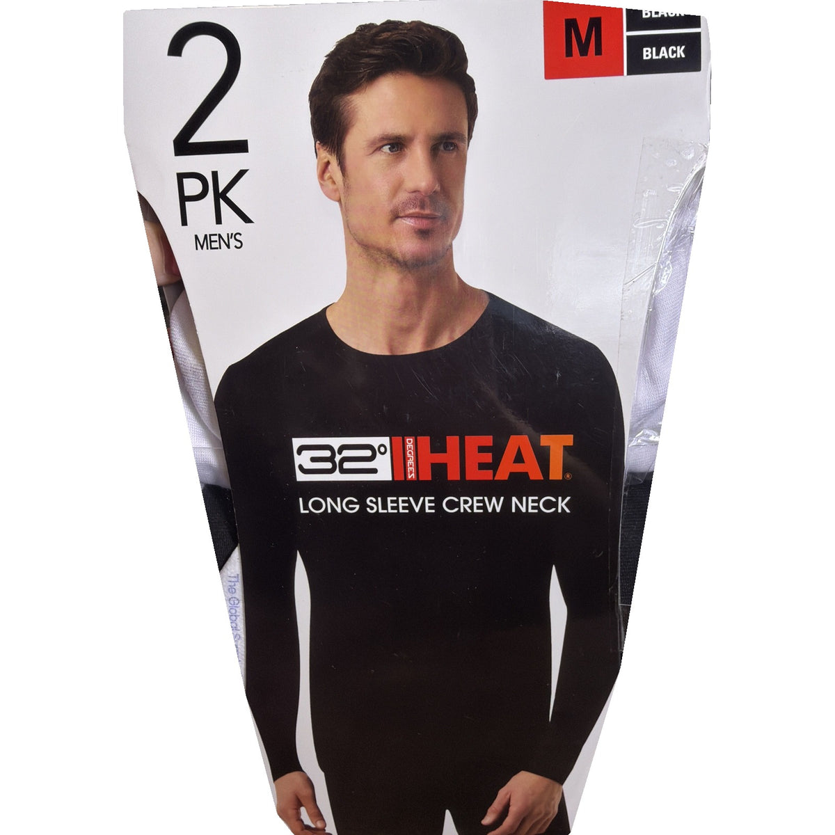 Pair of black 32 Degrees Heat men's long sleeve crew base layer tops in size M, new with tags, shown laid flat.