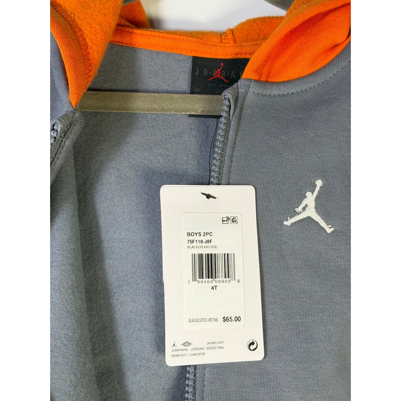 Jordan boys’ 2-piece hoodie and jogger pants set in gray, black, and orange, size 4T, new with tags, casual athletic clothing.