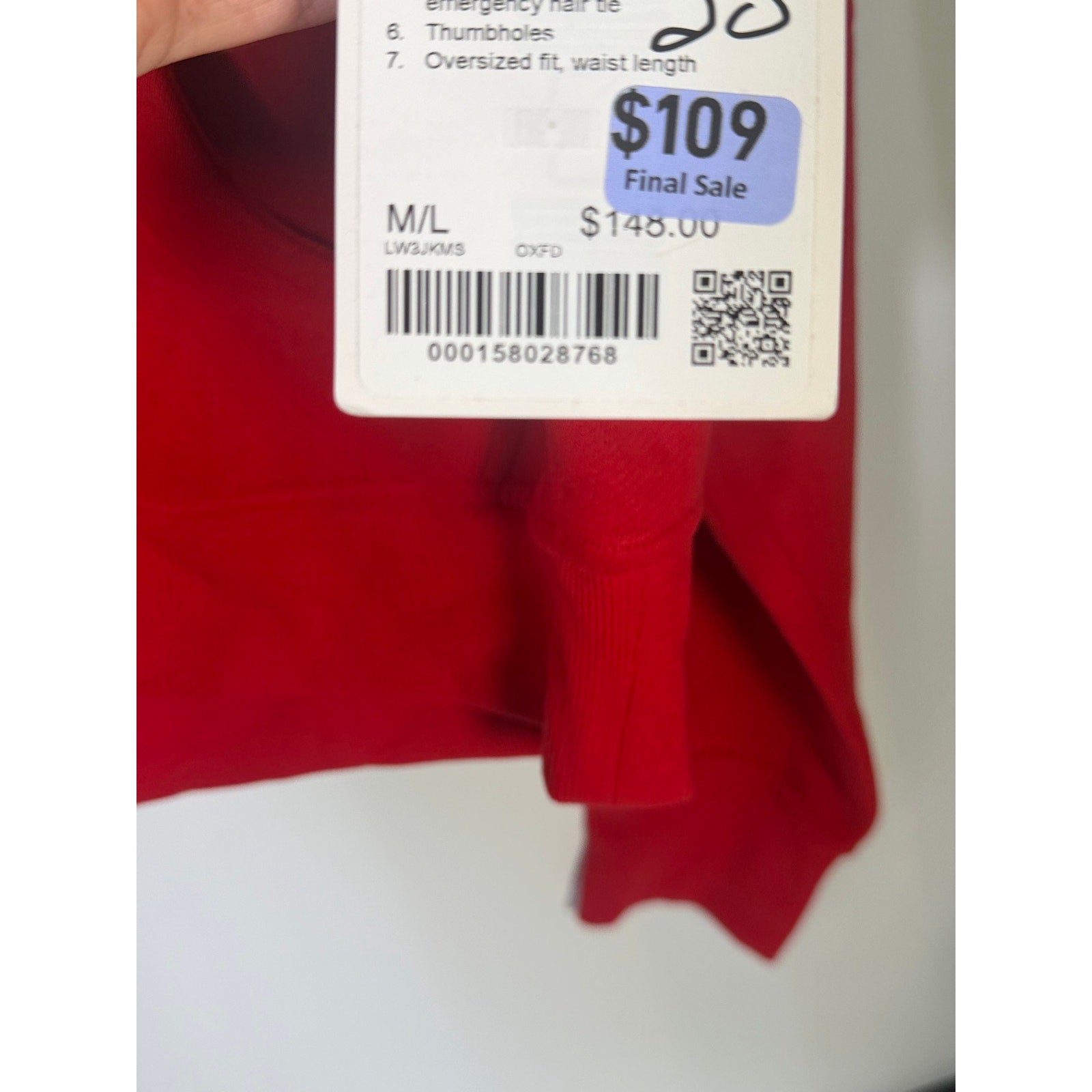Lululemon women's red scuba oversized full-zip hoodie, Gold size M/L, front view showing the relaxed fit and zip details.