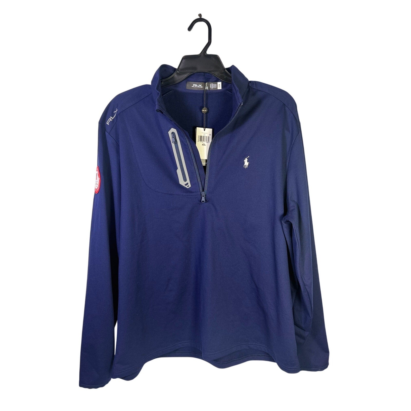 Navy Ralph Lauren RLX Team USA Olympic quarter-zip pullover men's sweatshirt in XXL, shown flat with zip closure and logo details.