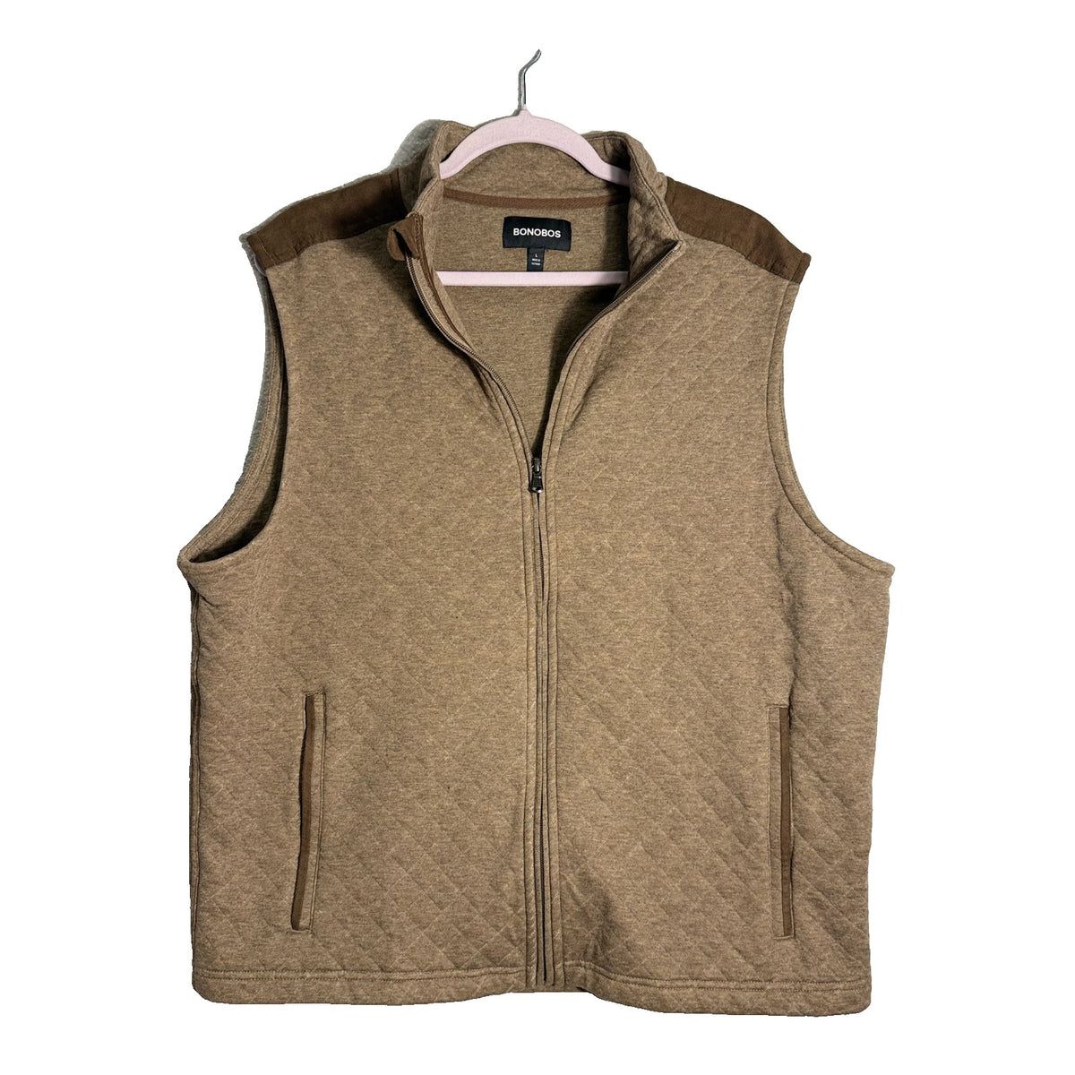 Men's Bonobos Midtown Quilted Vest in tan and brown, front view showing quilted design and collar, size large, new without tags.