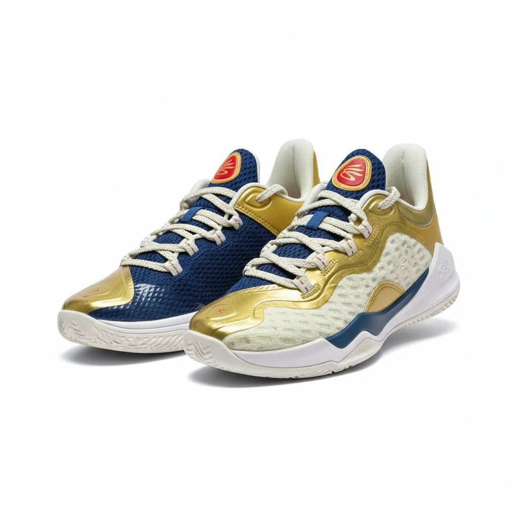 Under Armour Curry Flow 10 basketball shoes on a ghost mannequin, featuring black and red design and athletic style.